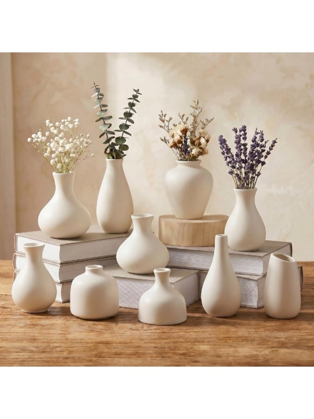 Set of 10 White Ceramic Mini Bud Vases for Pampas Grass & Flowers, Modern Decor